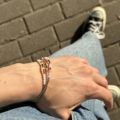 Personalizowana bransoletka z kodem Morse’a – Hematyt & Różowy Kryształ Górski | 1 słowo