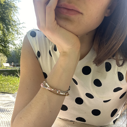 Personalizowana bransoletka z kodem Morse’a – Hematyt & Różowy Kryształ Górski | 1 słowo