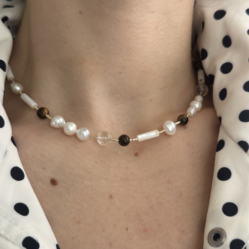 Naszyjnik Pearl Story – Perły, Kryształ Górski, Tygrysie Oko