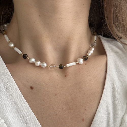 Naszyjnik Pearl Story – Perły, Kryształ Górski, Tygrysie Oko