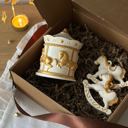 Christmas Gift Set: Carousel with Horses Candle and Two Horse Hanging Decorations