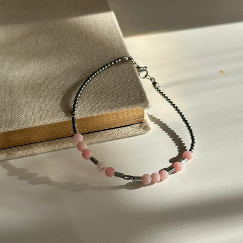 Morse Code Bracelet – Hematite & Pink Agate | 2 words
