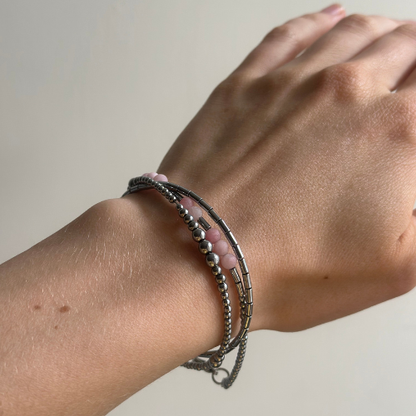 Morse Code Bracelet – Hematite & Pink Agate | 2 words