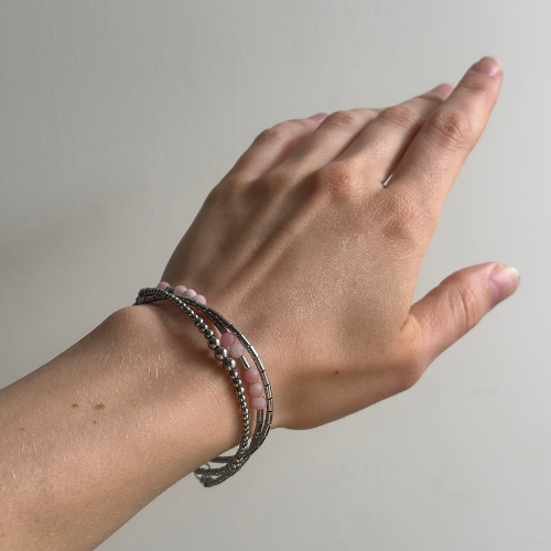 Morse Code Bracelet – Hematite & Pink Agate | 2 words