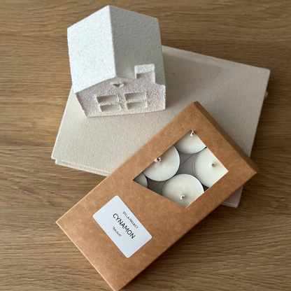 Zestaw - Gipsowy Domek do Tealight & 8 Sojowych Podgrzewaczy